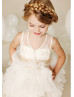 Ivory Lace Tulle Tiered Flower Girl Dress With Blush Pink Sash